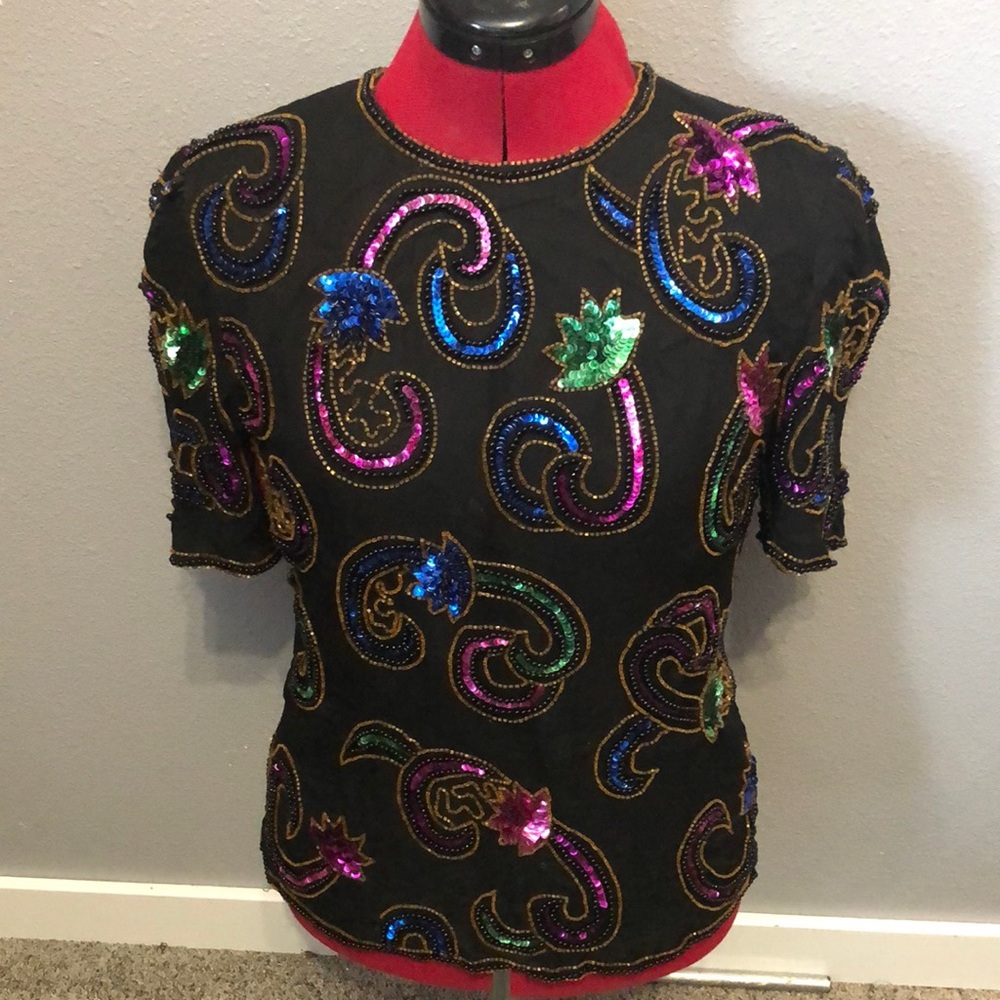 Vintage Lawrence Kazer Evening top Women's PS formal sequins cocktail 100% silk